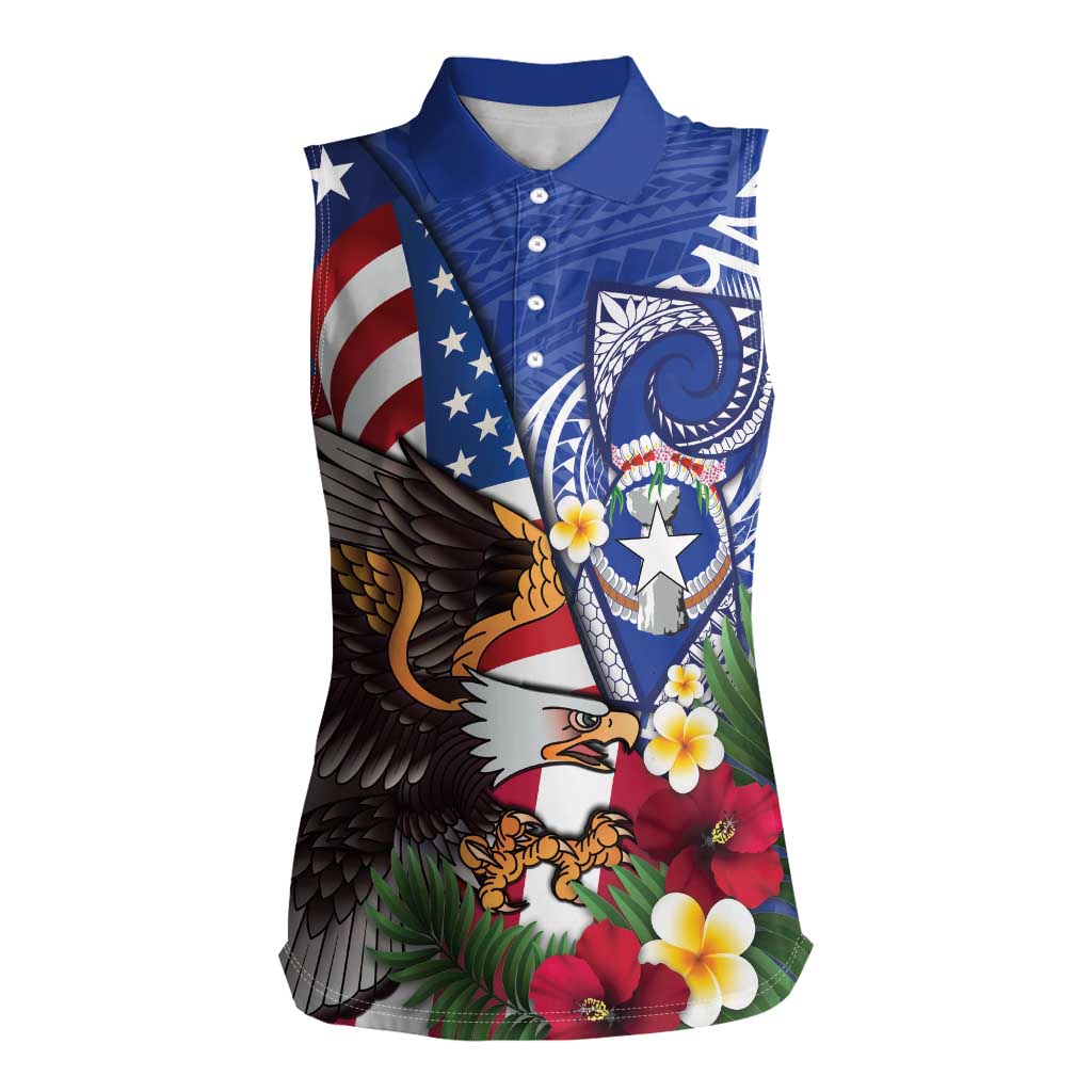 United States and Northern Mariana Islands Women Sleeveless Polo Shirt USA Flag Eagle CNMI Latte Stone Tropical Flowers