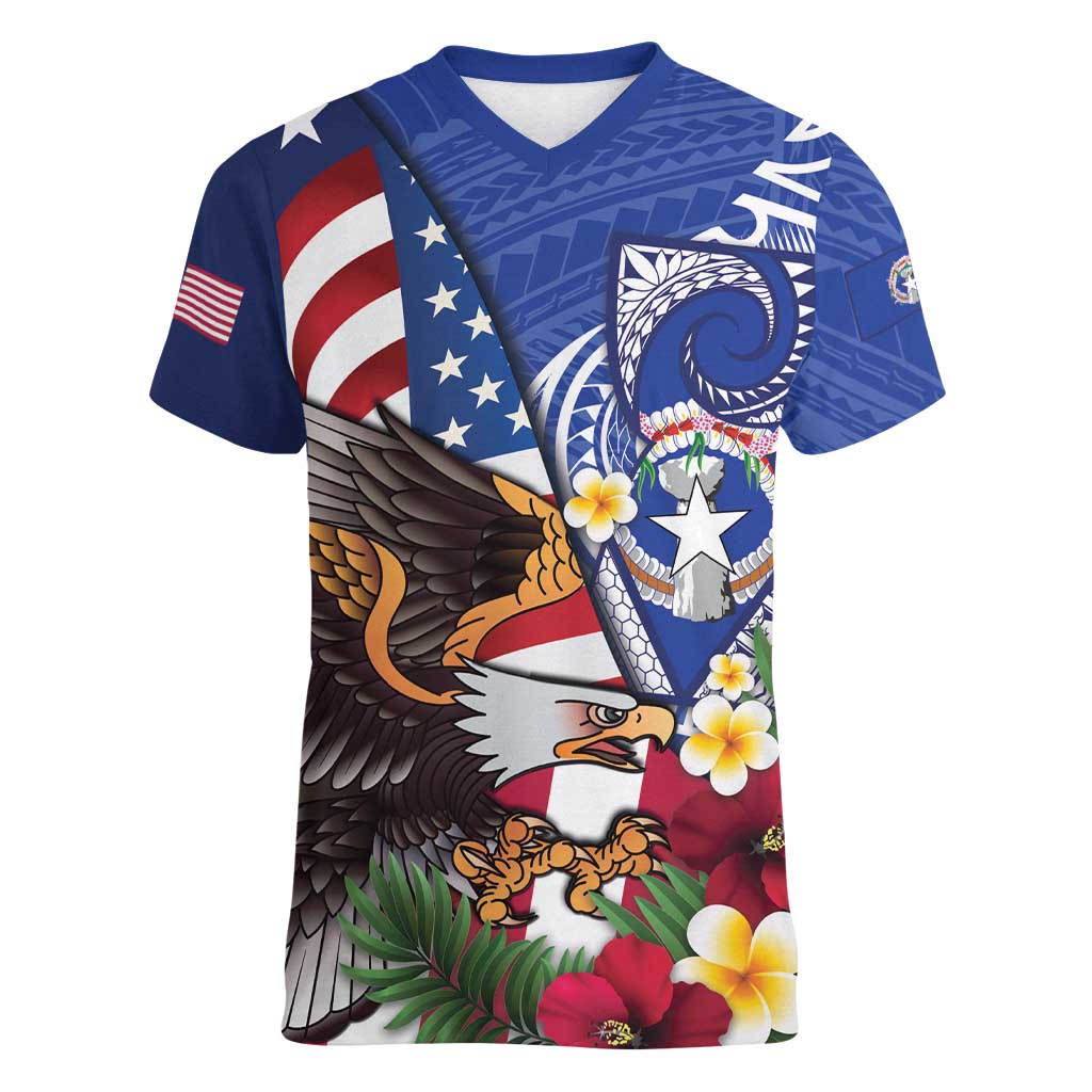 United States and Northern Mariana Islands Women V-Neck T-Shirt USA Flag Eagle CNMI Latte Stone Tropical Flowers LT14 Female Blue - Polynesian Pride