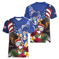 United States and Northern Mariana Islands Women V-Neck T-Shirt USA Flag Eagle CNMI Latte Stone Tropical Flowers LT14 - Polynesian Pride