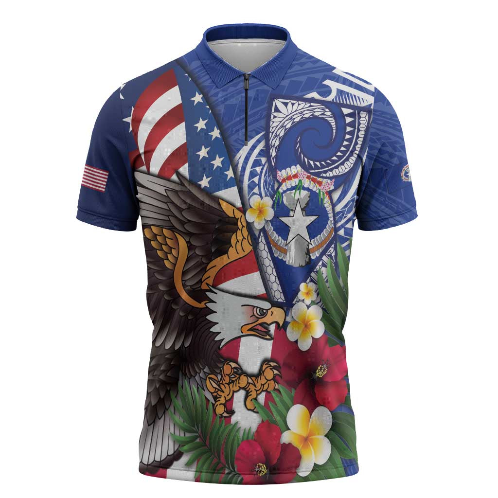 United States and Northern Mariana Islands Zipper Polo Shirt USA Flag Eagle CNMI Latte Stone Tropical Flowers