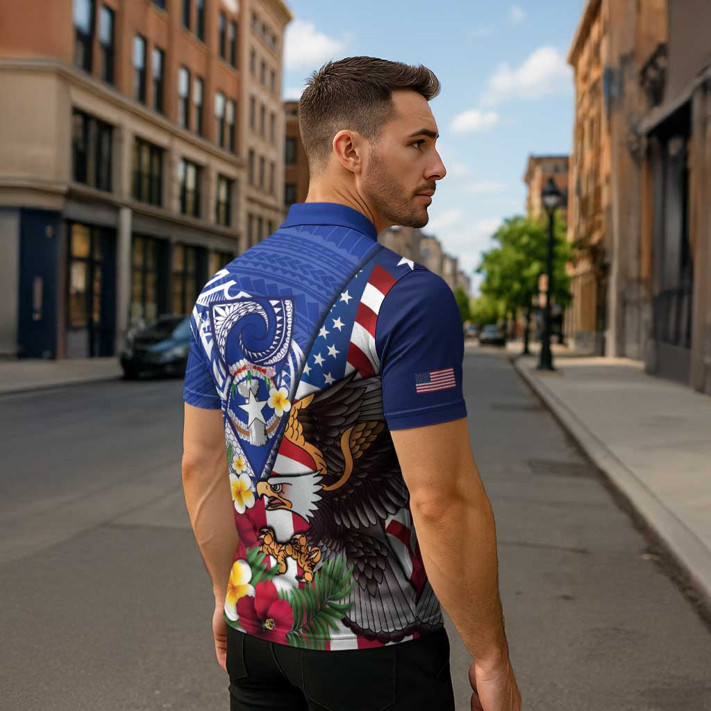 United States and Northern Mariana Islands Zipper Polo Shirt USA Flag Eagle CNMI Latte Stone Tropical Flowers