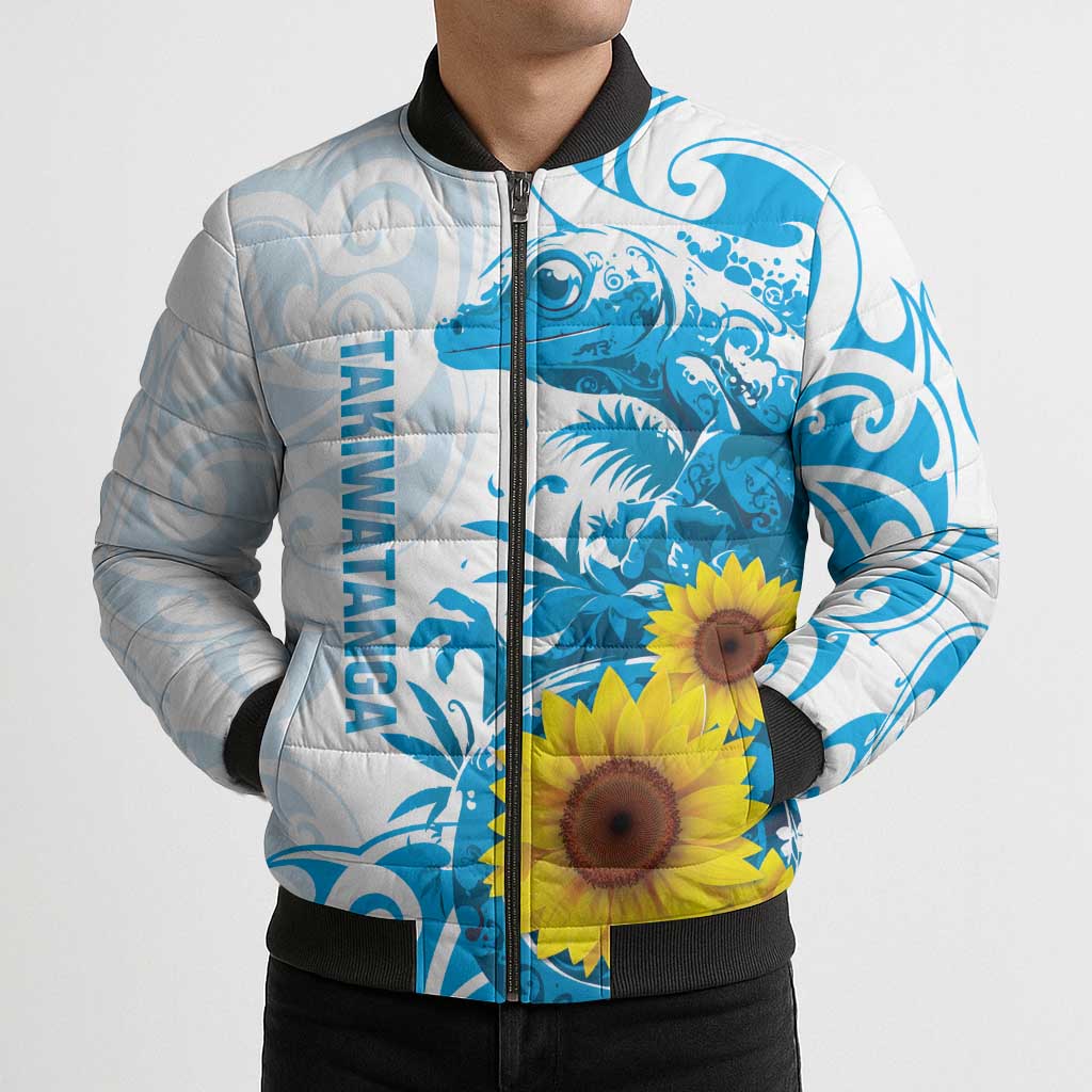 New Zealand Autism Awareness Month Bomber Puffer Jacket Takiwatanga Maori Lizard With Sunflower - Polynesian Pride