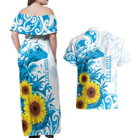 New Zealand Autism Awareness Month Couples Matching Off Shoulder Maxi Dress and Hawaiian Shirt Takiwatanga Maori Lizard With Sunflower