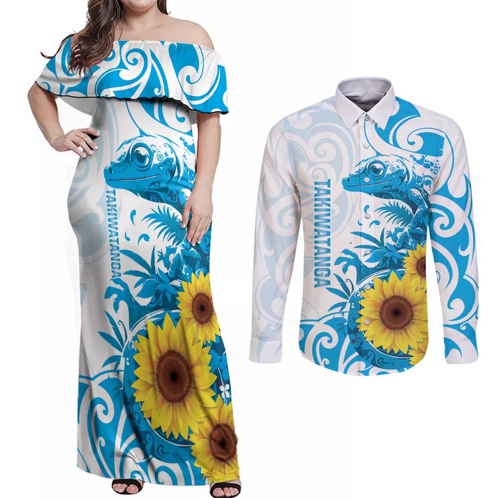 New Zealand Autism Awareness Month Couples Matching Off Shoulder Maxi Dress and Long Sleeve Button Shirt Takiwatanga Maori Lizard With Sunflower