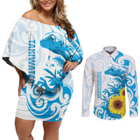 New Zealand Autism Awareness Month Couples Matching Off Shoulder Short Dress and Long Sleeve Button Shirt Takiwatanga Maori Lizard With Sunflower