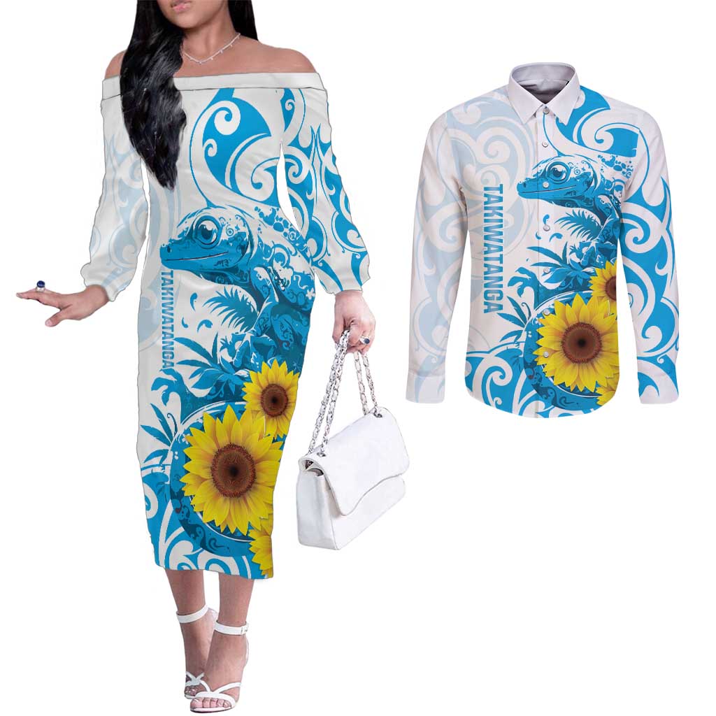 New Zealand Autism Awareness Month Couples Matching Off The Shoulder Long Sleeve Dress and Long Sleeve Button Shirt Takiwatanga Maori Lizard With Sunflower