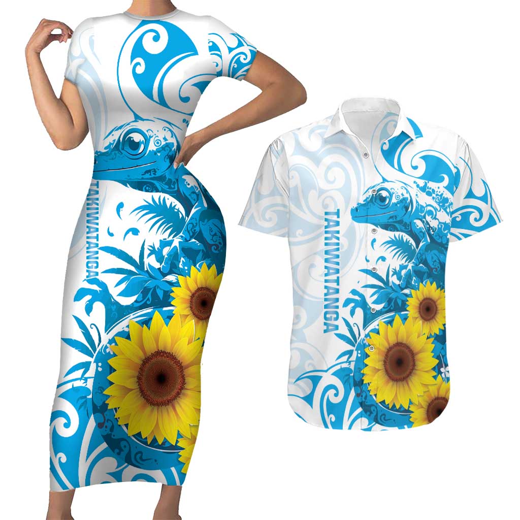 New Zealand Autism Awareness Month Couples Matching Short Sleeve Bodycon Dress and Hawaiian Shirt Takiwatanga Maori Lizard With Sunflower