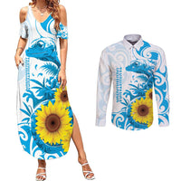 New Zealand Autism Awareness Month Couples Matching Summer Maxi Dress and Long Sleeve Button Shirt Takiwatanga Maori Lizard With Sunflower