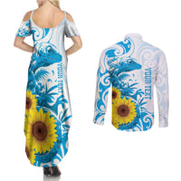 New Zealand Autism Awareness Month Couples Matching Summer Maxi Dress and Long Sleeve Button Shirt Takiwatanga Maori Lizard With Sunflower