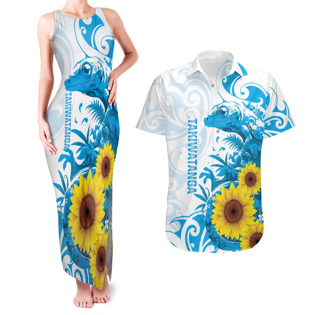 New Zealand Autism Awareness Month Couples Matching Tank Maxi Dress and Hawaiian Shirt Takiwatanga Maori Lizard With Sunflower