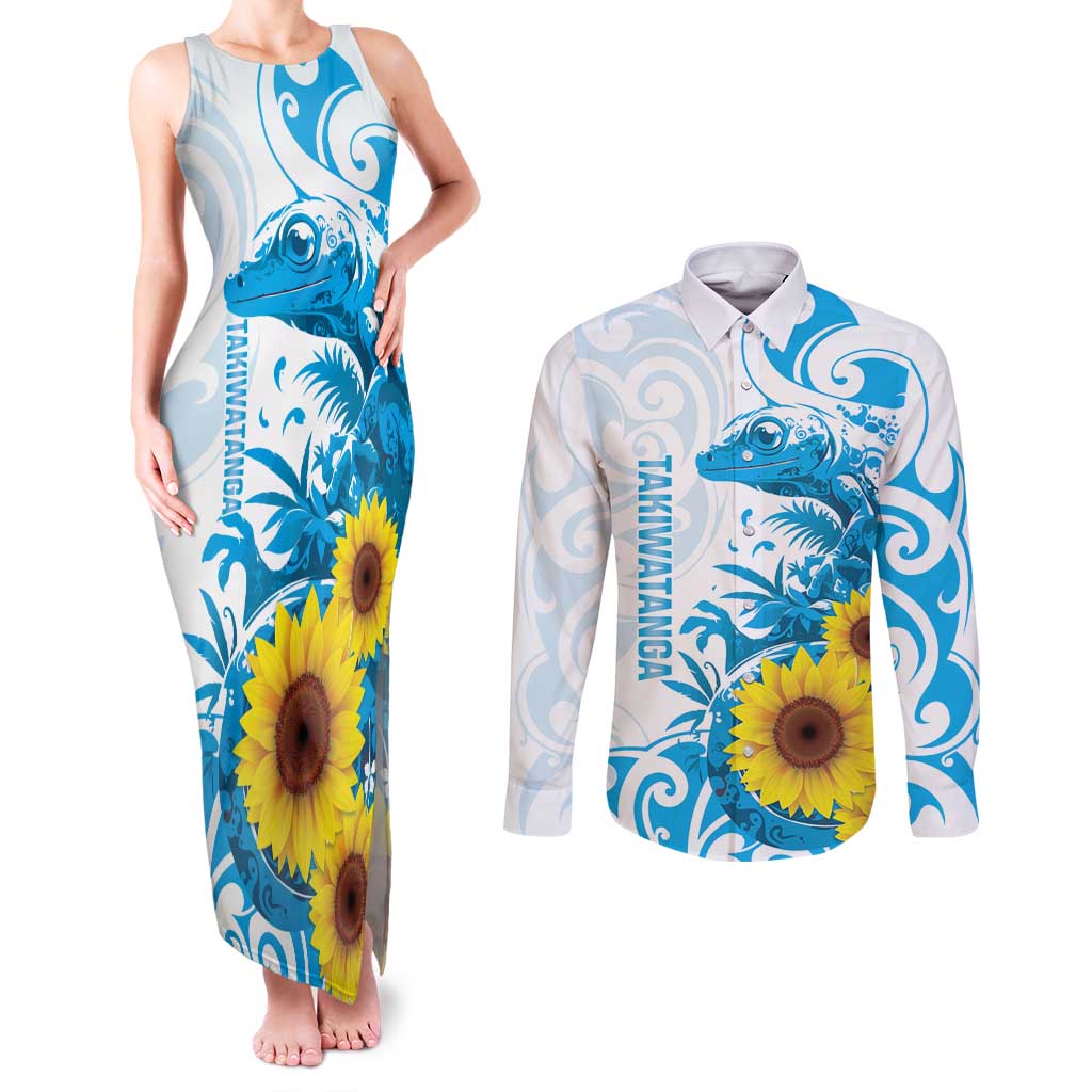New Zealand Autism Awareness Month Couples Matching Tank Maxi Dress and Long Sleeve Button Shirt Takiwatanga Maori Lizard With Sunflower