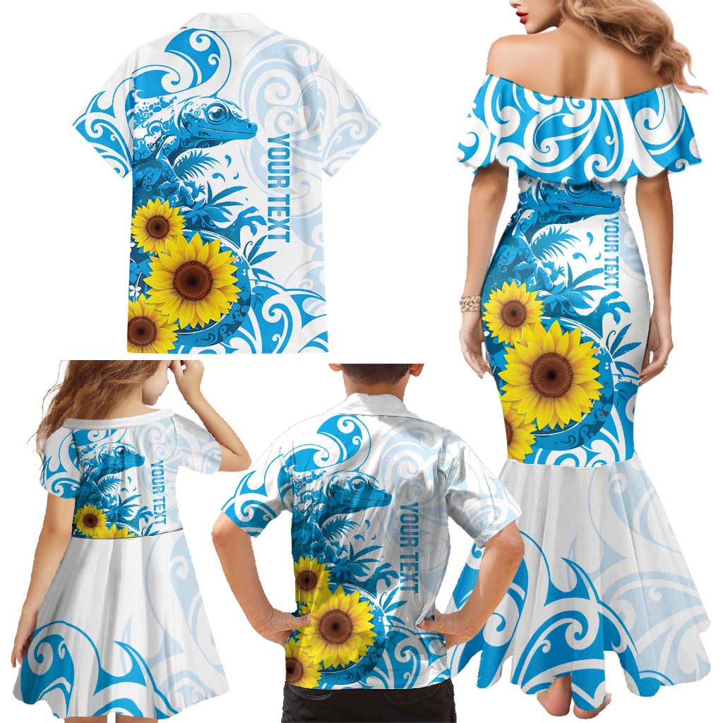 New Zealand Autism Awareness Month Family Matching Mermaid Dress and Hawaiian Shirt Takiwatanga Maori Lizard With Sunflower