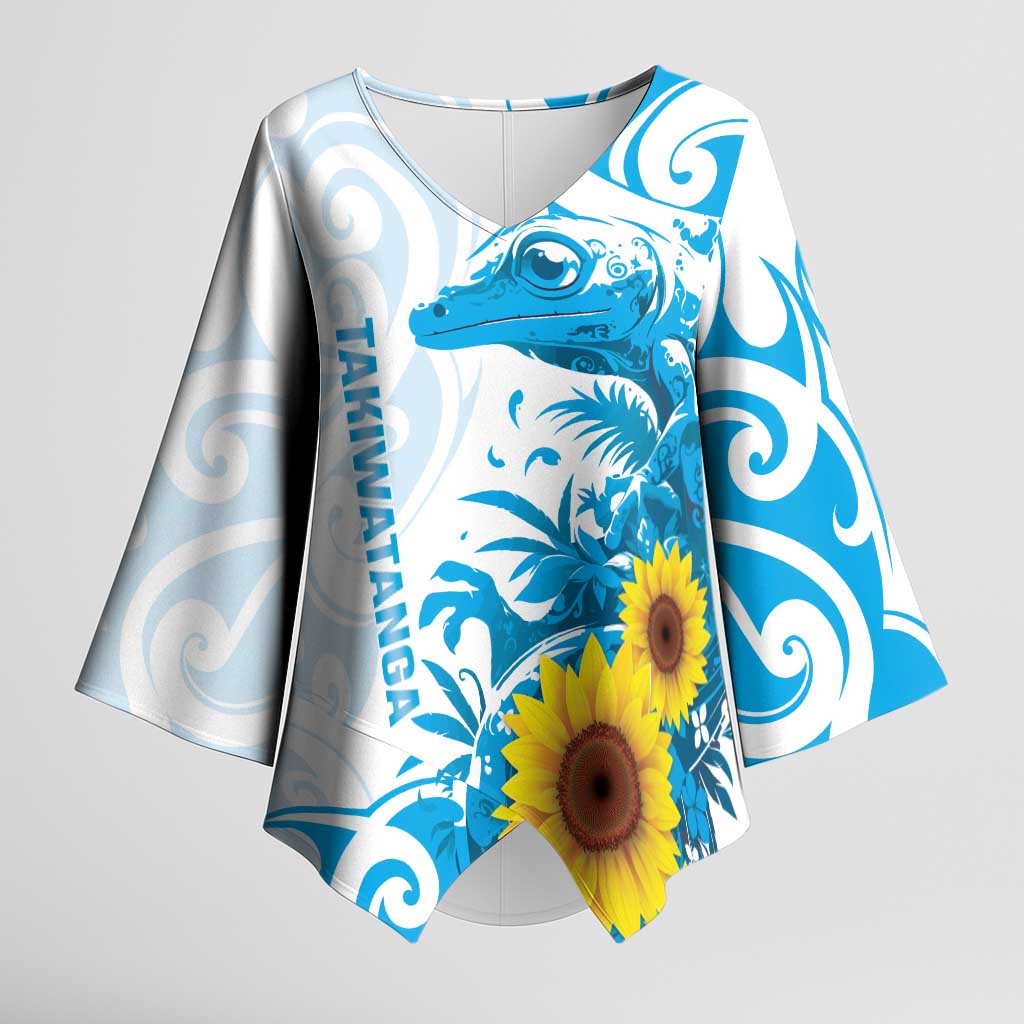 New Zealand Autism Awareness Month Kimono Sleeve Blouse Takiwatanga Maori Lizard With Sunflower - Polynesian Pride