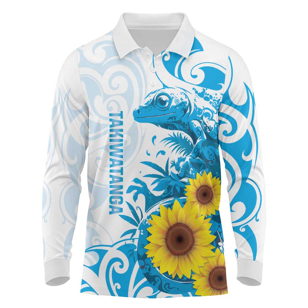New Zealand Autism Awareness Month Long Sleeve Polo Shirt Takiwatanga Maori Lizard With Sunflower