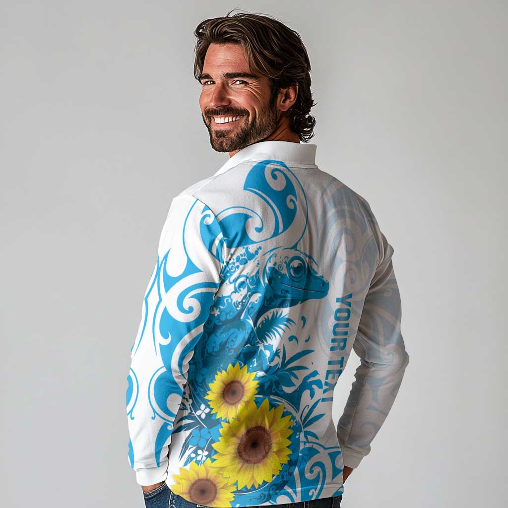 New Zealand Autism Awareness Month Long Sleeve Polo Shirt Takiwatanga Maori Lizard With Sunflower