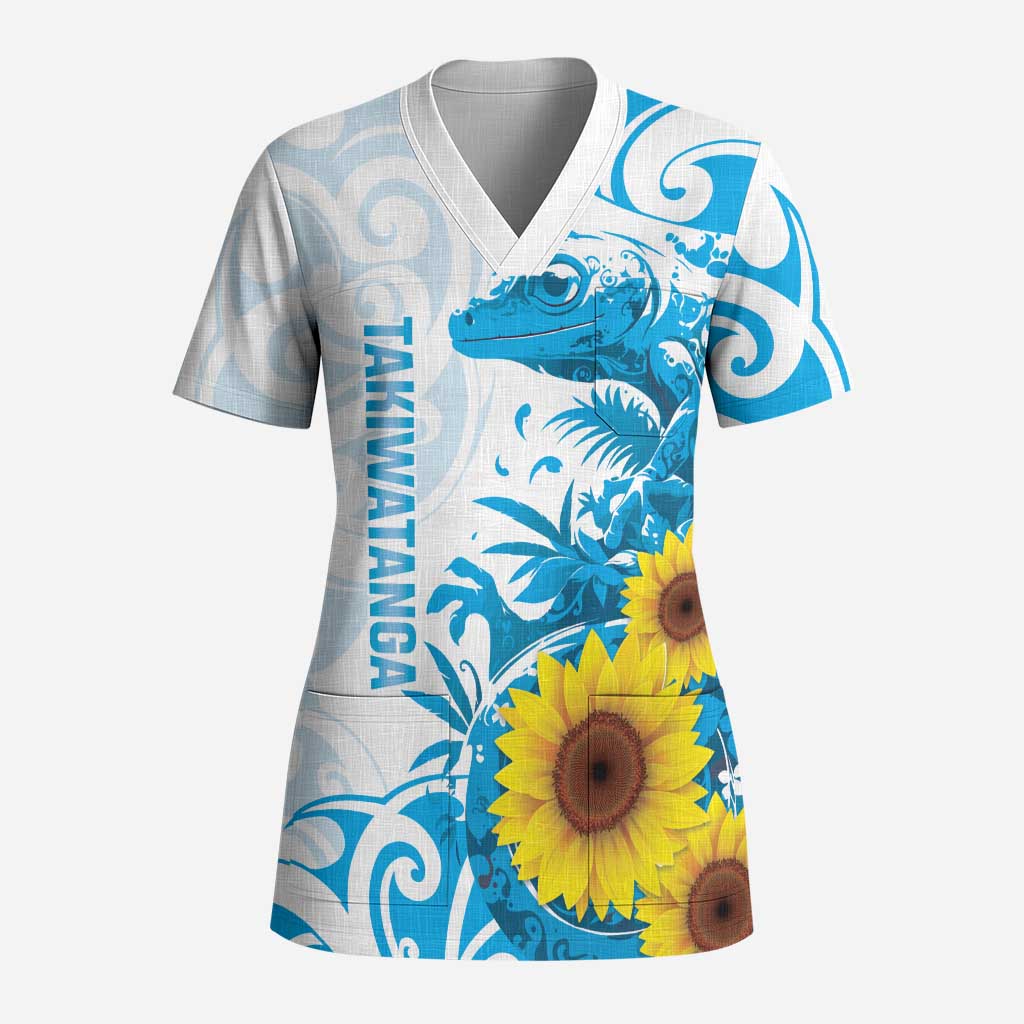 New Zealand Autism Awareness Month Scrub Top Takiwatanga Maori Lizard With Sunflower - Polynesian Pride