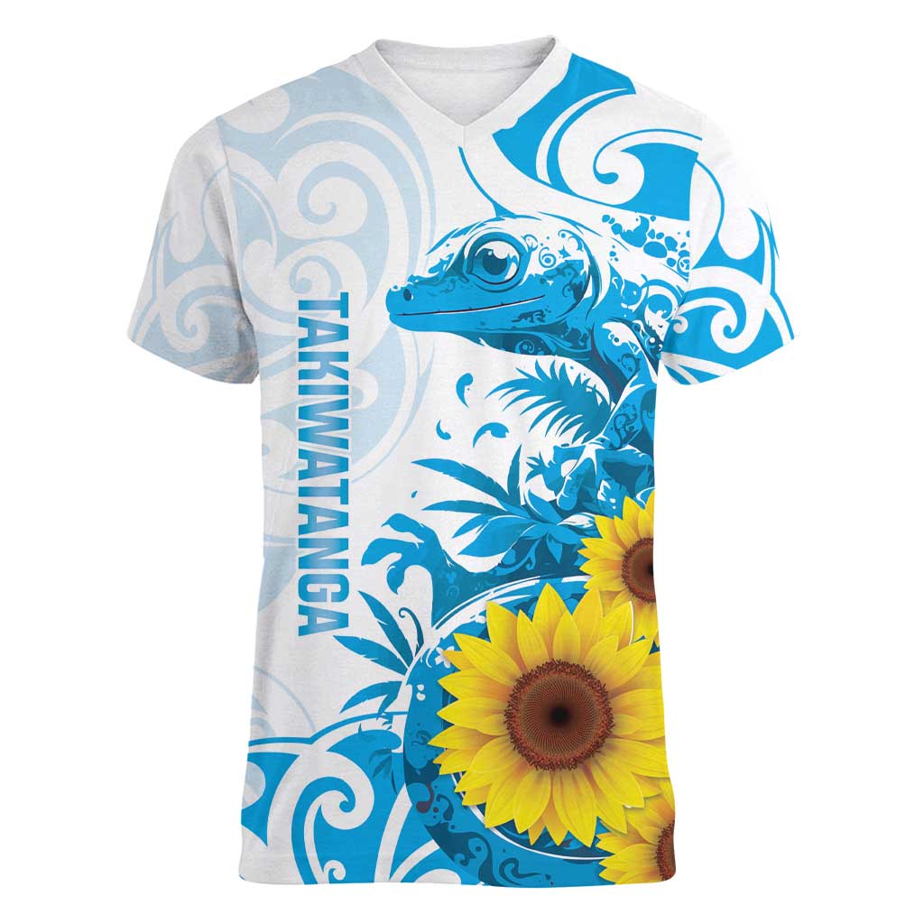New Zealand Autism Awareness Month Women V-Neck T-Shirt Takiwatanga Maori Lizard With Sunflower