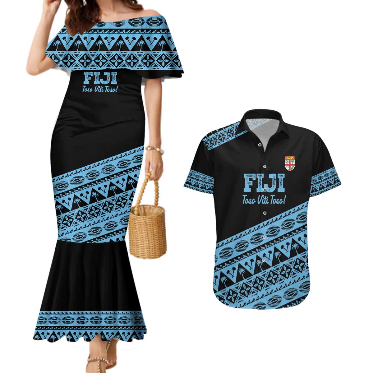 Fiji Rugby 2025 Custom Couples Matching Mermaid Dress and Hawaiian Shirt Fijian Tapa Toso Viti Toso - Black