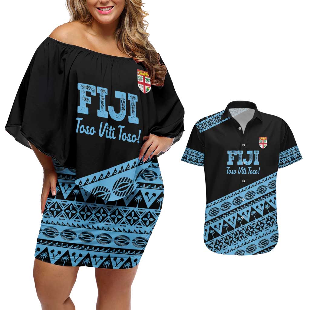 Fiji Rugby 2025 Custom Couples Matching Off Shoulder Short Dress and Hawaiian Shirt Fijian Tapa Toso Viti Toso - Black