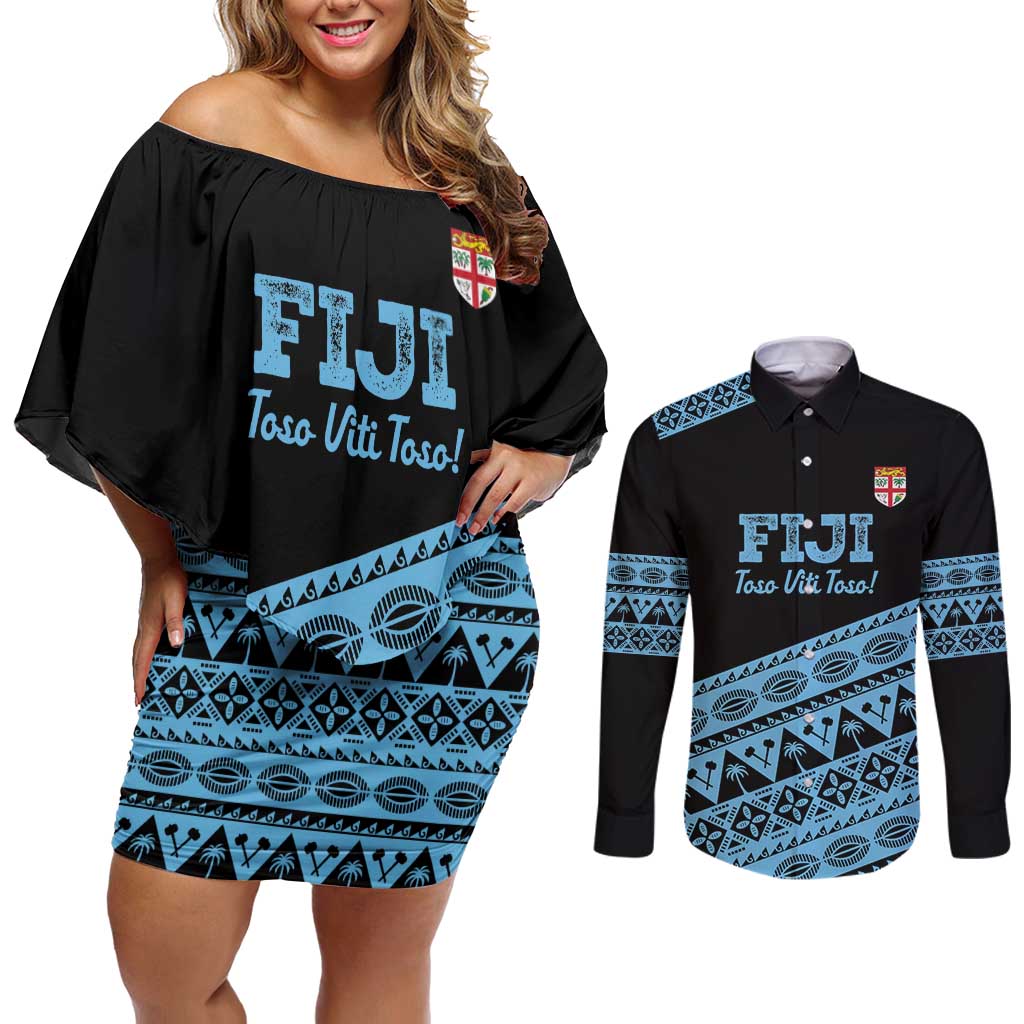 Fiji Rugby 2025 Custom Couples Matching Off Shoulder Short Dress and Long Sleeve Button Shirt Fijian Tapa Toso Viti Toso - Black