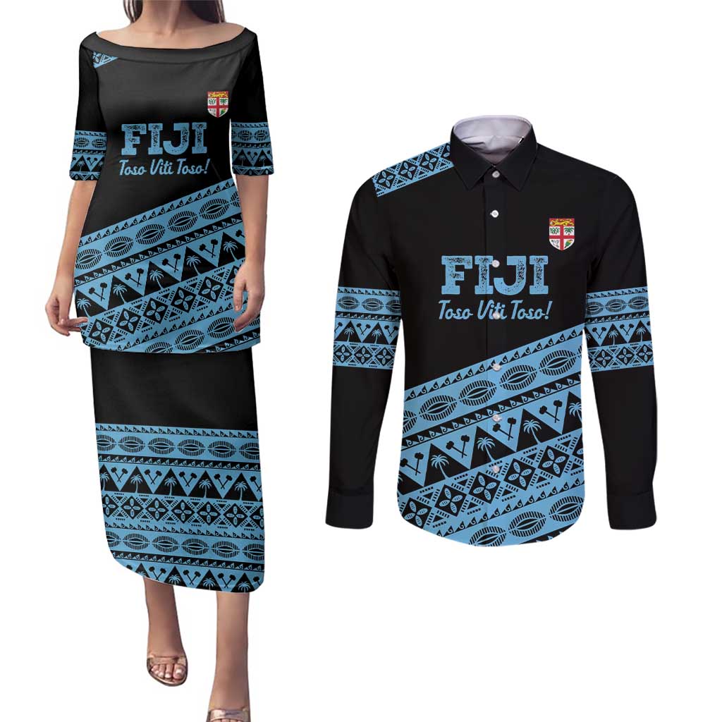Fiji Rugby 2025 Custom Couples Matching Puletasi and Long Sleeve Button Shirt Fijian Tapa Toso Viti Toso - Black