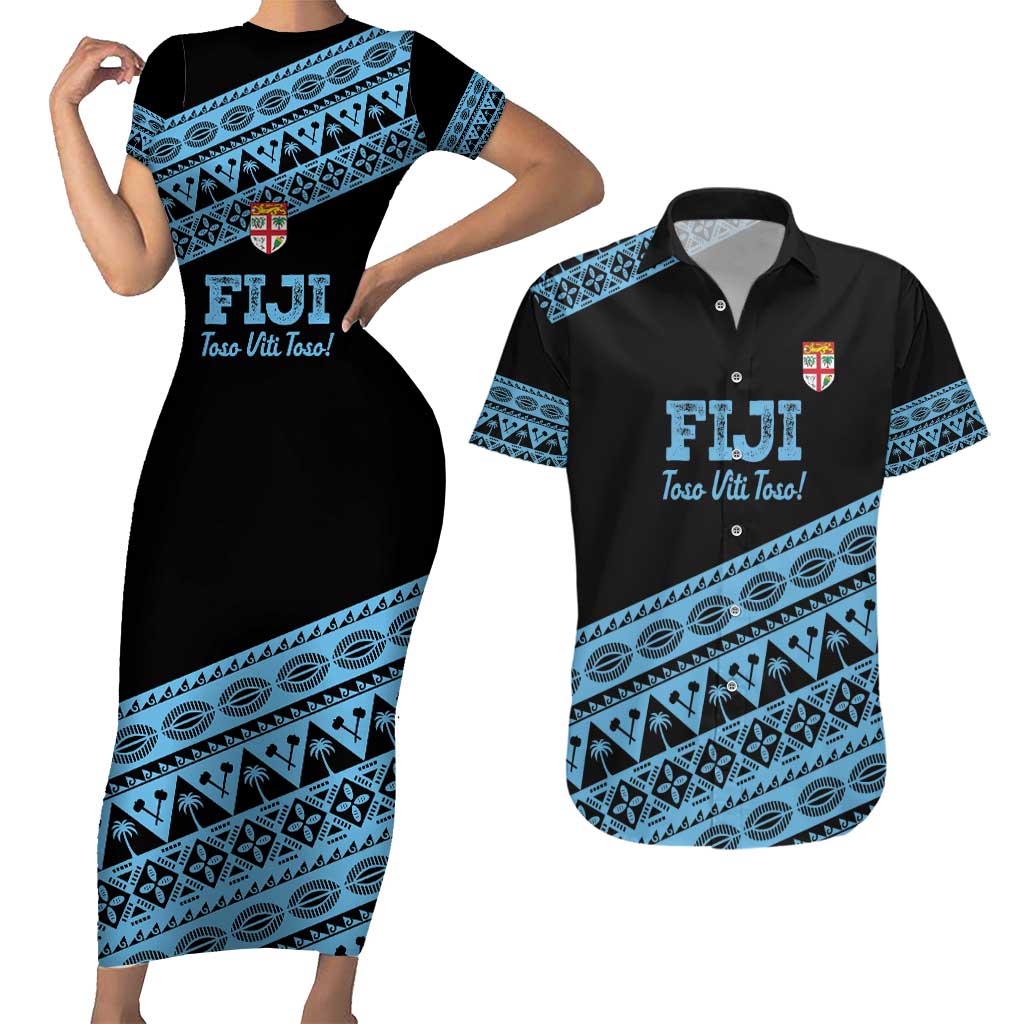 Fiji Rugby 2025 Custom Couples Matching Short Sleeve Bodycon Dress and Hawaiian Shirt Fijian Tapa Toso Viti Toso - Black