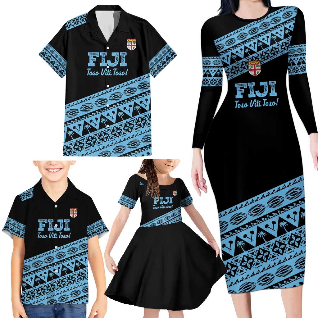 Fiji Rugby 2025 Custom Family Matching Long Sleeve Bodycon Dress and Hawaiian Shirt Fijian Tapa Toso Viti Toso - Black