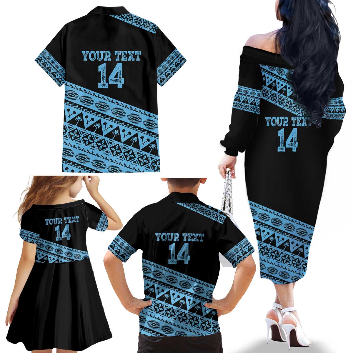 Fiji Rugby 2025 Custom Family Matching Off The Shoulder Long Sleeve Dress and Hawaiian Shirt Fijian Tapa Toso Viti Toso - Black