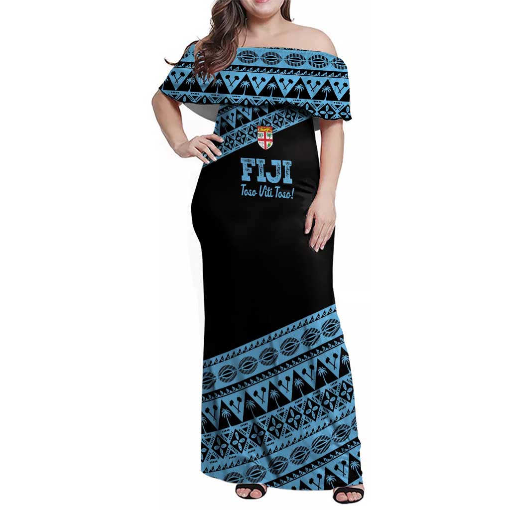 Fiji Rugby 2025 Custom Family Matching Off Shoulder Maxi Dress and Hawaiian Shirt Fijian Tapa Toso Viti Toso - Black