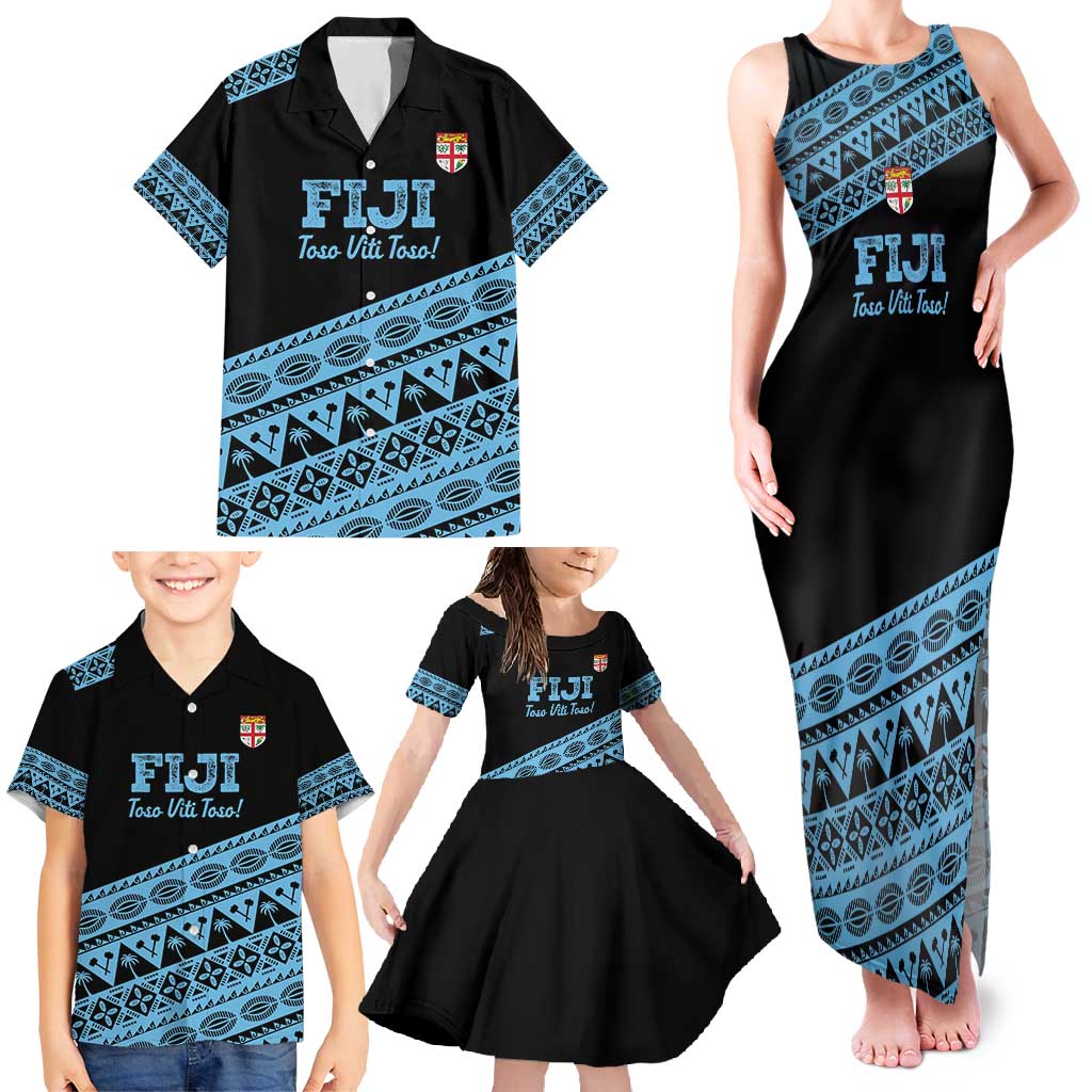 Fiji Rugby 2025 Custom Family Matching Tank Maxi Dress and Hawaiian Shirt Fijian Tapa Toso Viti Toso - Black