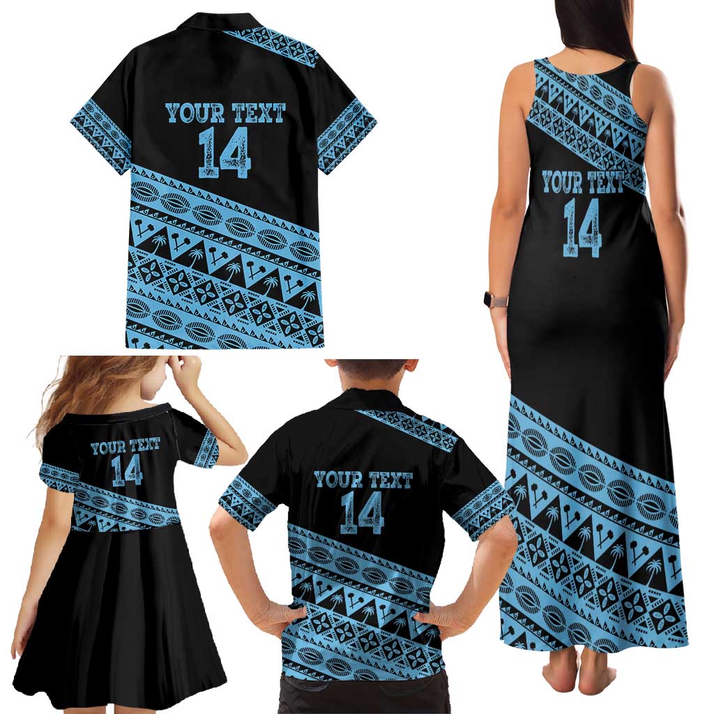 Fiji Rugby 2025 Custom Family Matching Tank Maxi Dress and Hawaiian Shirt Fijian Tapa Toso Viti Toso - Black