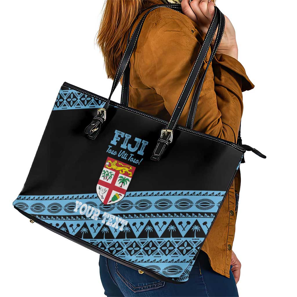 Fiji Rugby 2025 Custom Leather Tote Bag Fijian Tapa Toso Viti Toso - Black