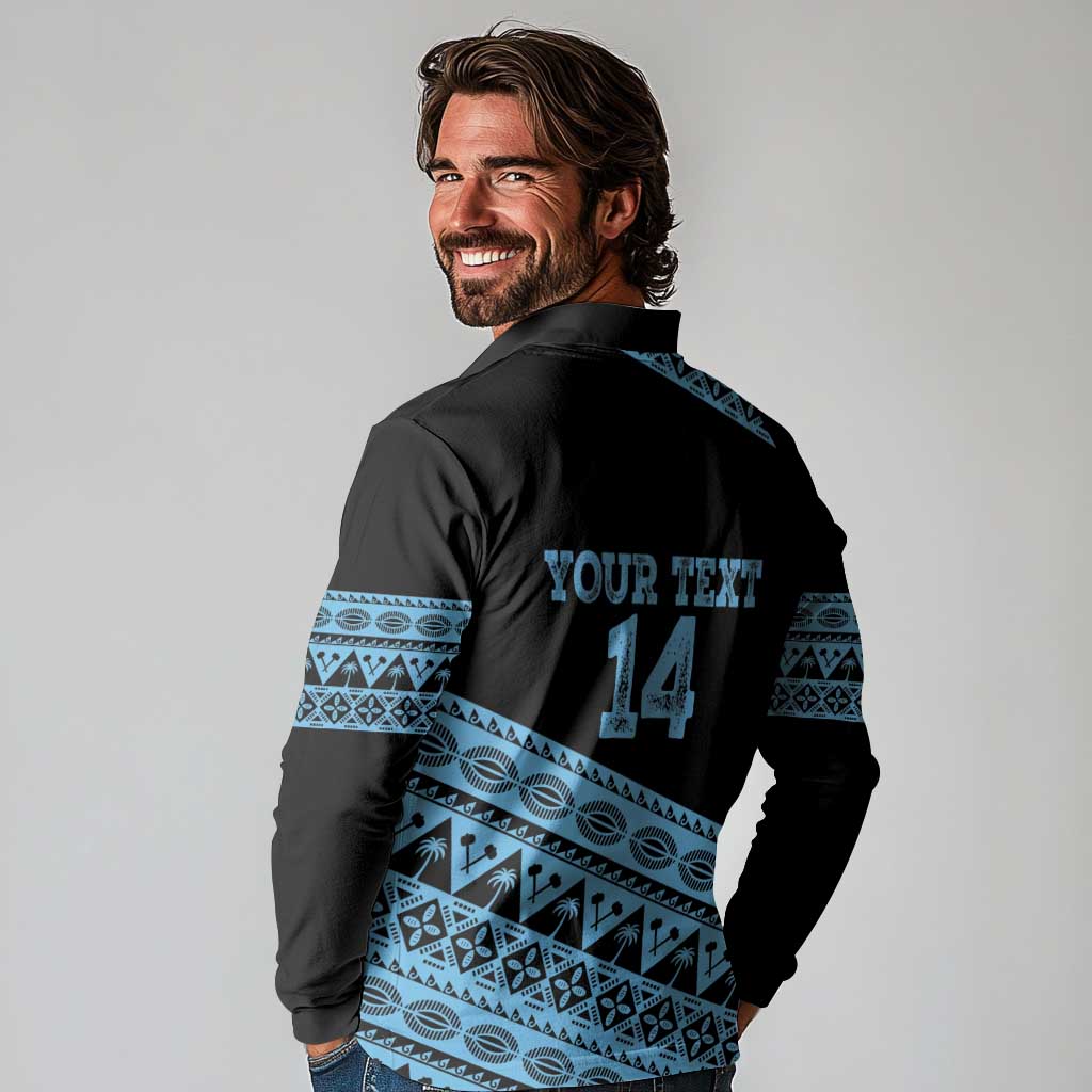 Fiji Rugby 2025 Custom Long Sleeve Polo Shirt Fijian Tapa Toso Viti Toso - Black