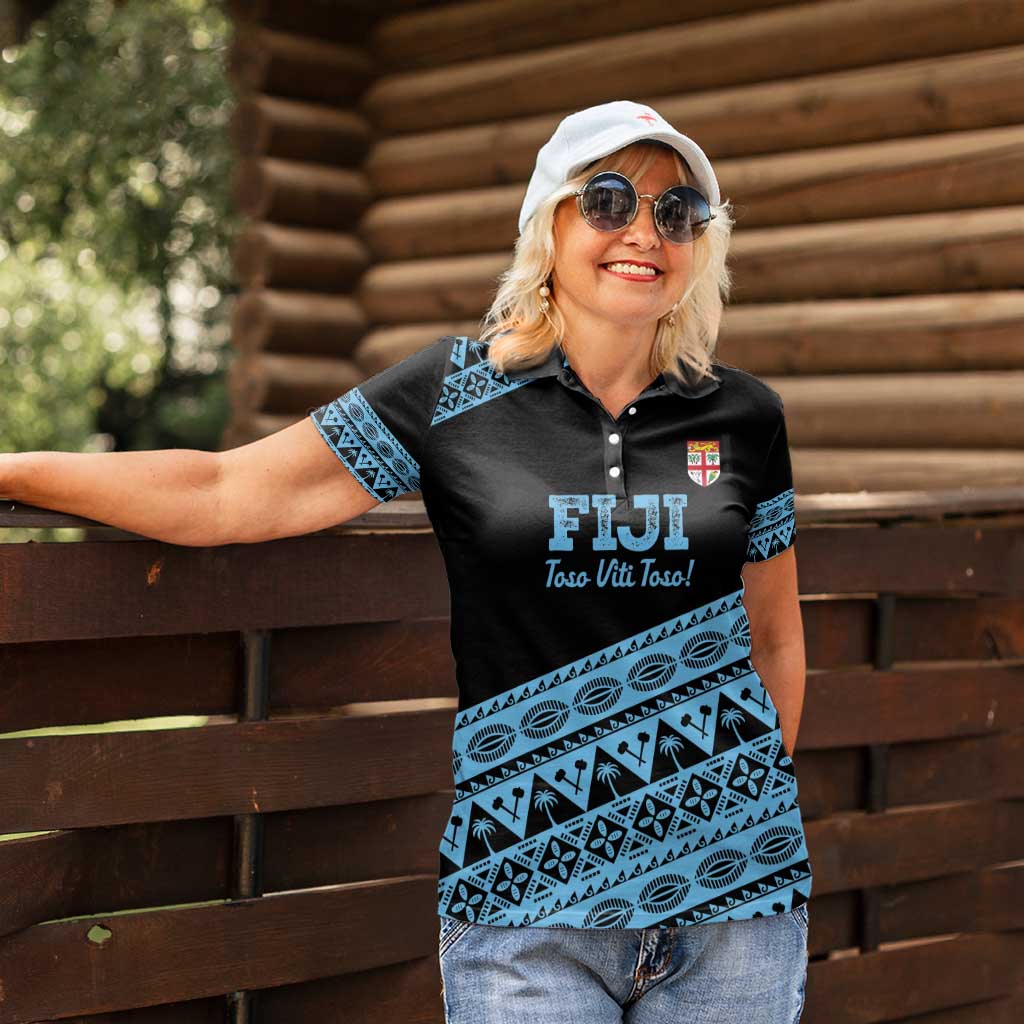 Fiji Rugby 2025 Custom Women Polo Shirt Fijian Tapa Toso Viti Toso - Black
