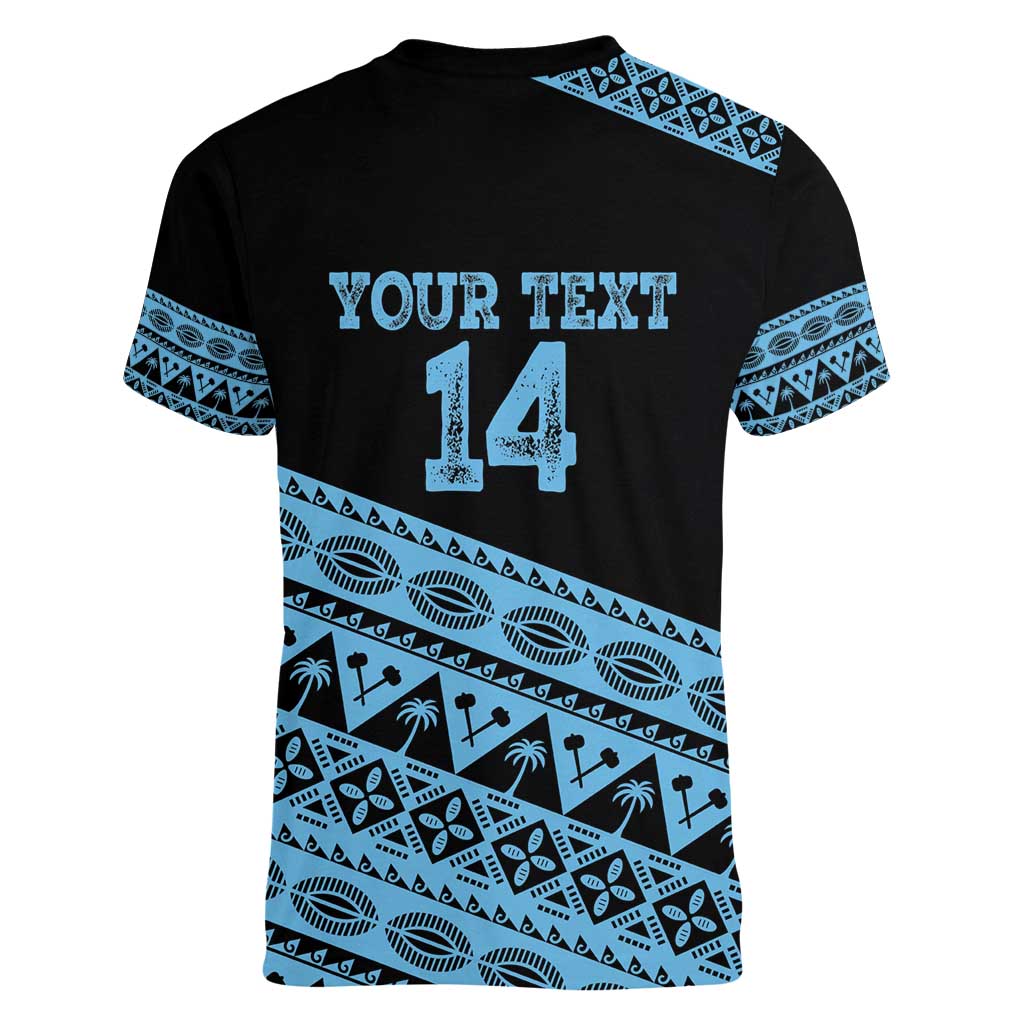 Fiji Rugby 2025 Custom Women V-Neck T-Shirt Fijian Tapa Toso Viti Toso - Black LT14 - Polynesian Pride