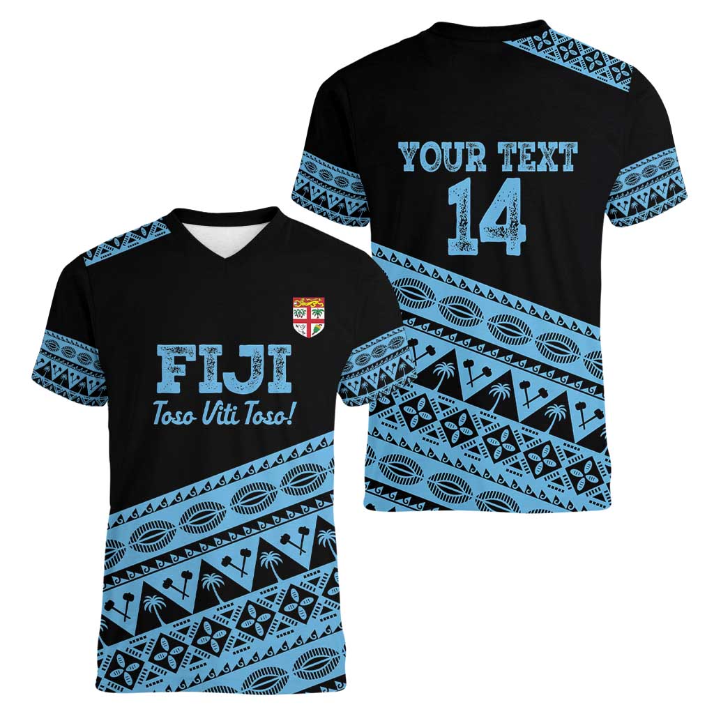 Fiji Rugby 2025 Custom Women V-Neck T-Shirt Fijian Tapa Toso Viti Toso - Black LT14 - Polynesian Pride
