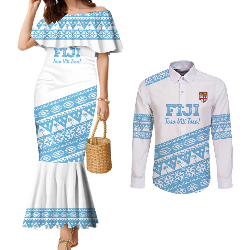 Fiji Rugby 2025 Custom Couples Matching Mermaid Dress and Long Sleeve Button Shirt Fijian Tapa Toso Viti Toso - White