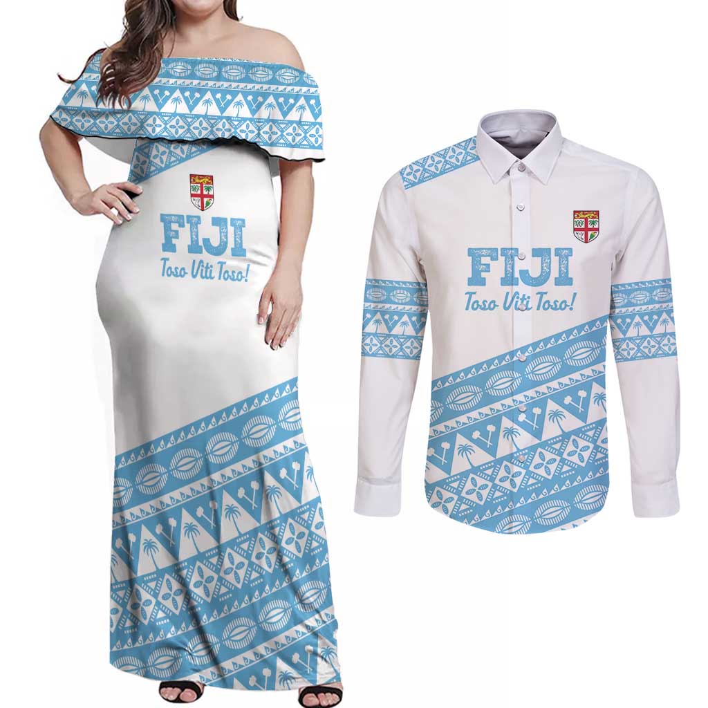 Fiji Rugby 2025 Custom Couples Matching Off Shoulder Maxi Dress and Long Sleeve Button Shirt Fijian Tapa Toso Viti Toso - White