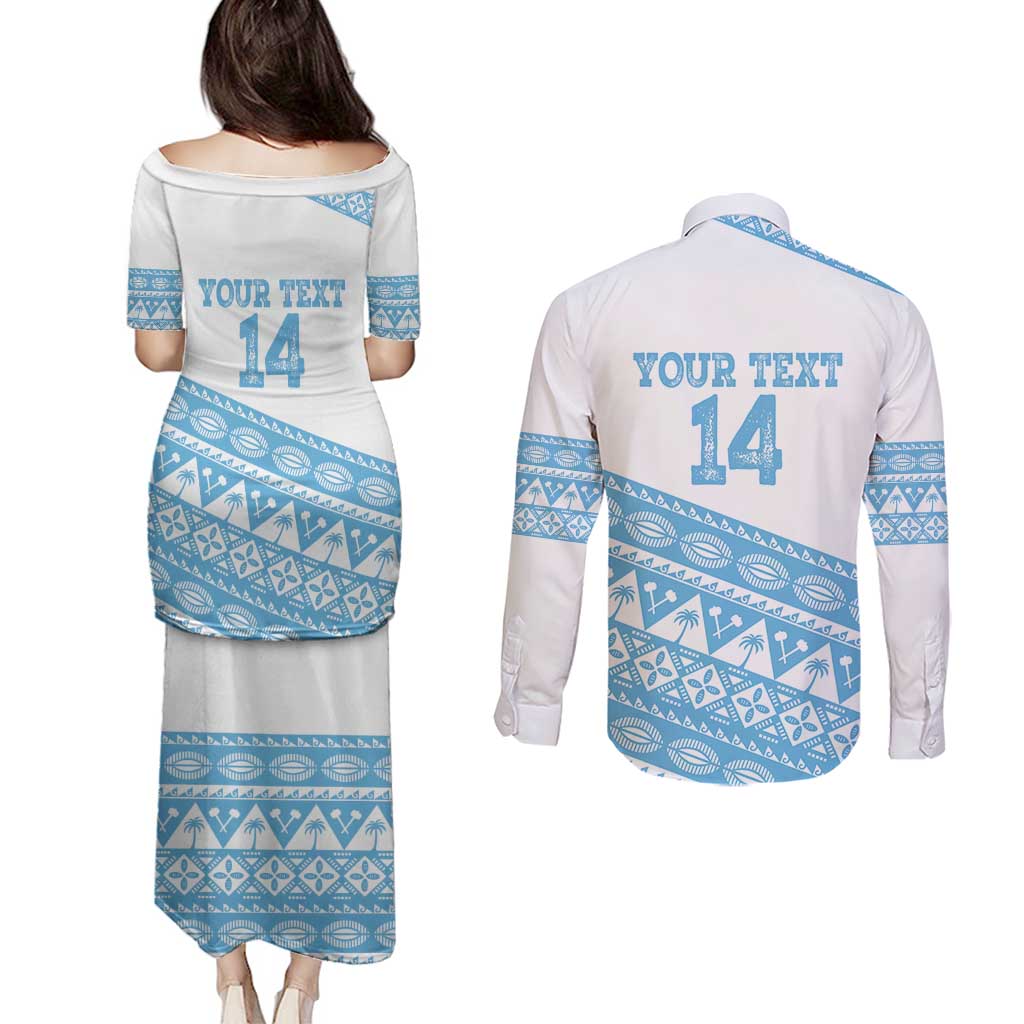 Fiji Rugby 2025 Custom Couples Matching Puletasi and Long Sleeve Button Shirt Fijian Tapa Toso Viti Toso - White