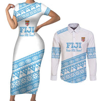 Fiji Rugby 2025 Custom Couples Matching Short Sleeve Bodycon Dress and Long Sleeve Button Shirt Fijian Tapa Toso Viti Toso - White