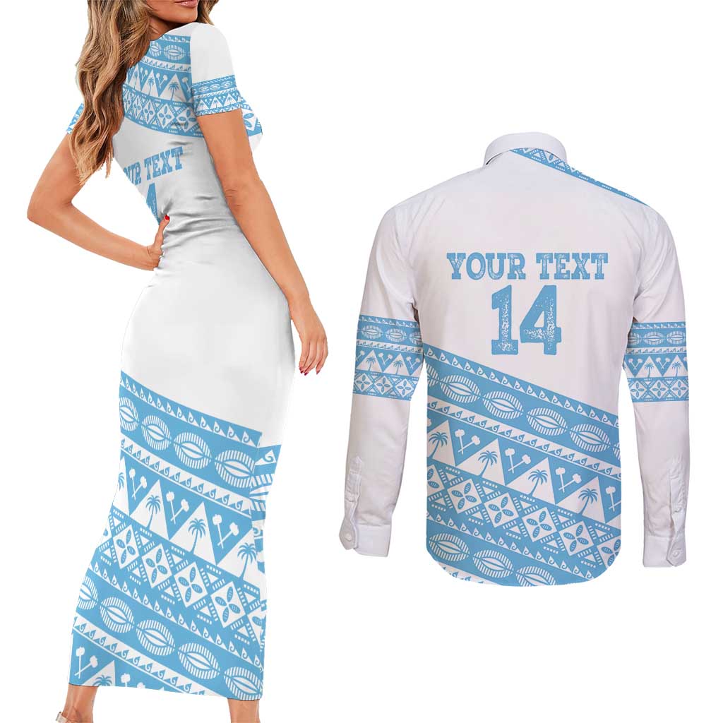 Fiji Rugby 2025 Custom Couples Matching Short Sleeve Bodycon Dress and Long Sleeve Button Shirt Fijian Tapa Toso Viti Toso - White
