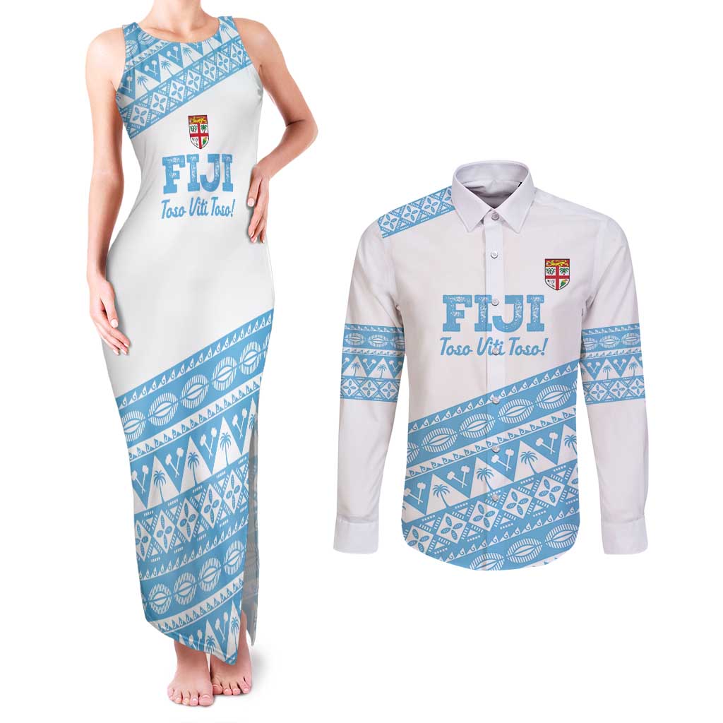 Fiji Rugby 2025 Custom Couples Matching Tank Maxi Dress and Long Sleeve Button Shirt Fijian Tapa Toso Viti Toso - White