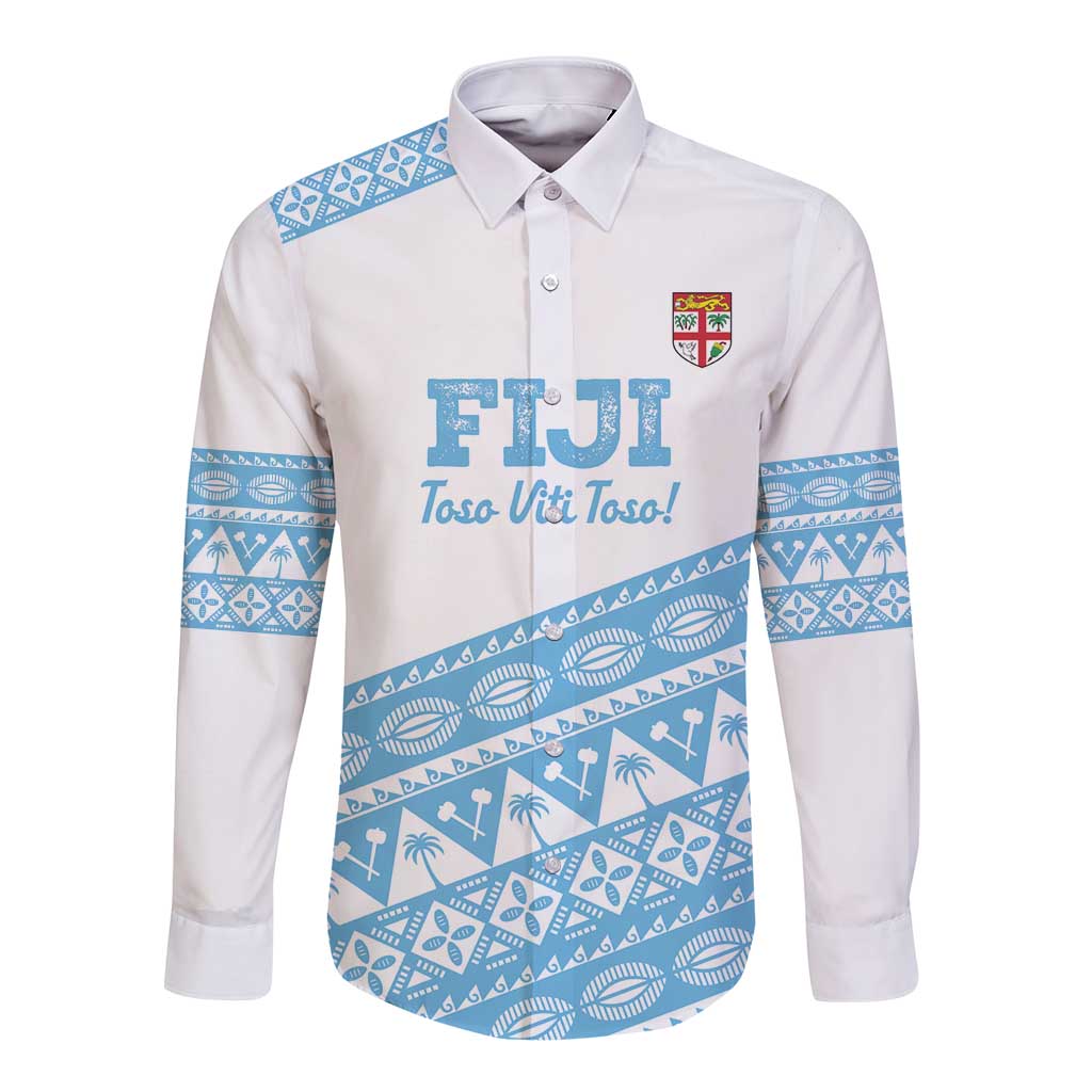 Fiji Rugby 2025 Custom Long Sleeve Button Shirt Fijian Tapa Toso Viti Toso - White