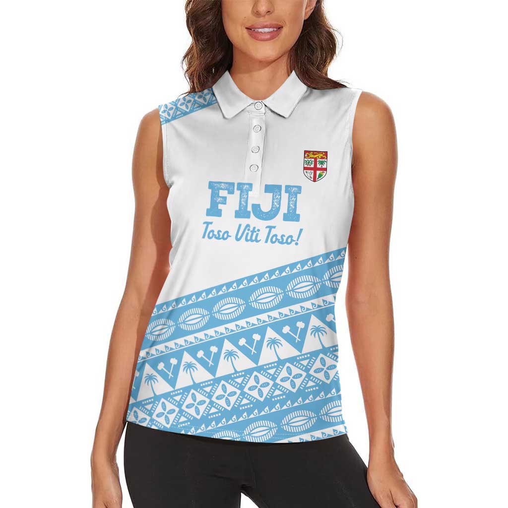 Fiji Rugby 2025 Custom Women Sleeveless Polo Shirt Fijian Tapa Toso Viti Toso - White