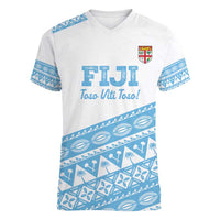 Fiji Rugby 2025 Custom Women V-Neck T-Shirt Fijian Tapa Toso Viti Toso - White LT14 Female White - Polynesian Pride