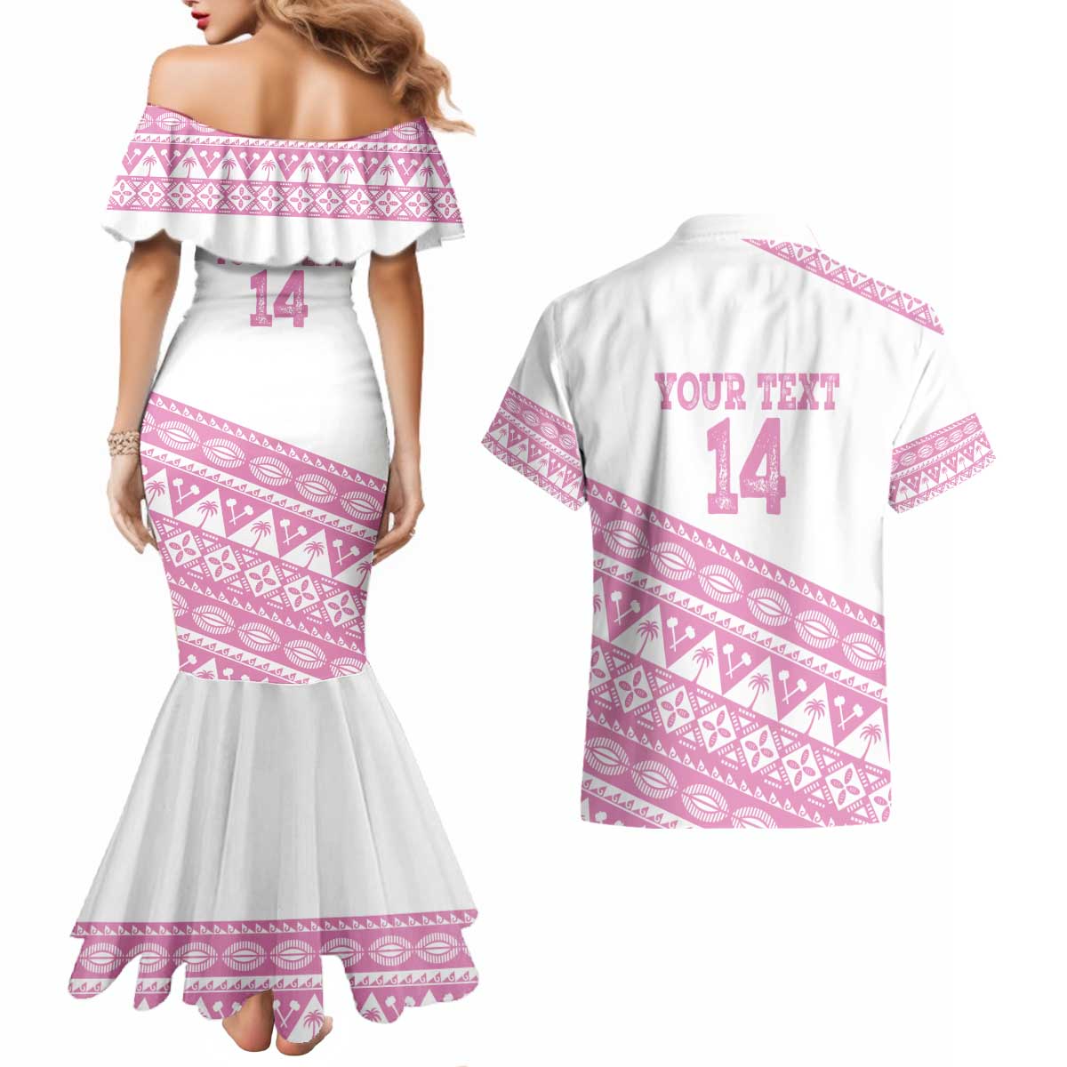 Fiji Rugby 2025 Custom Couples Matching Mermaid Dress and Hawaiian Shirt Fijian Tapa Toso Viti Toso - Pink