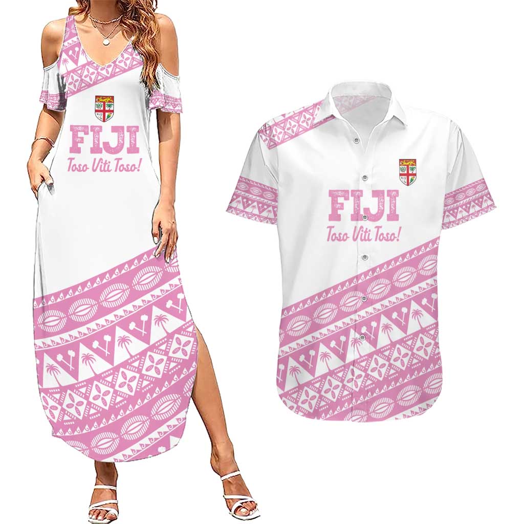 Fiji Rugby 2025 Custom Couples Matching Summer Maxi Dress and Hawaiian Shirt Fijian Tapa Toso Viti Toso - Pink