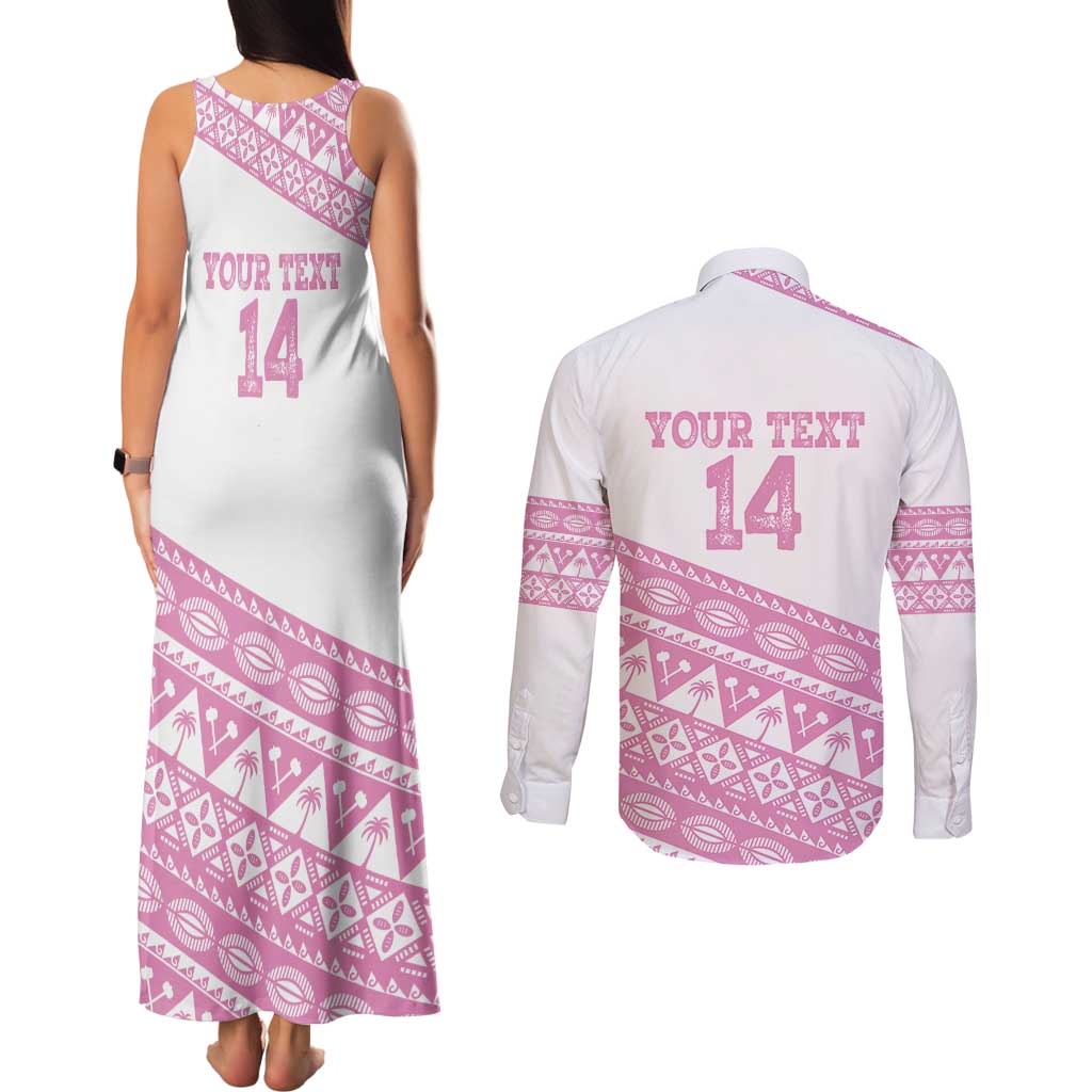 Fiji Rugby 2025 Custom Couples Matching Tank Maxi Dress and Long Sleeve Button Shirt Fijian Tapa Toso Viti Toso - Pink