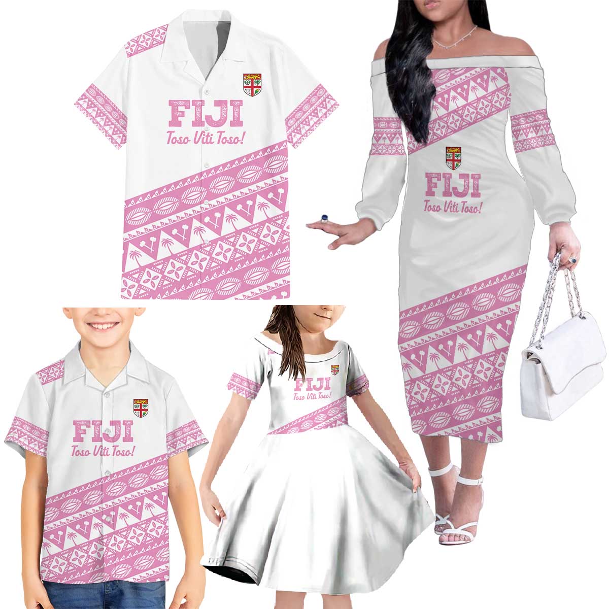 Fiji Rugby 2025 Custom Family Matching Off The Shoulder Long Sleeve Dress and Hawaiian Shirt Fijian Tapa Toso Viti Toso - Pink