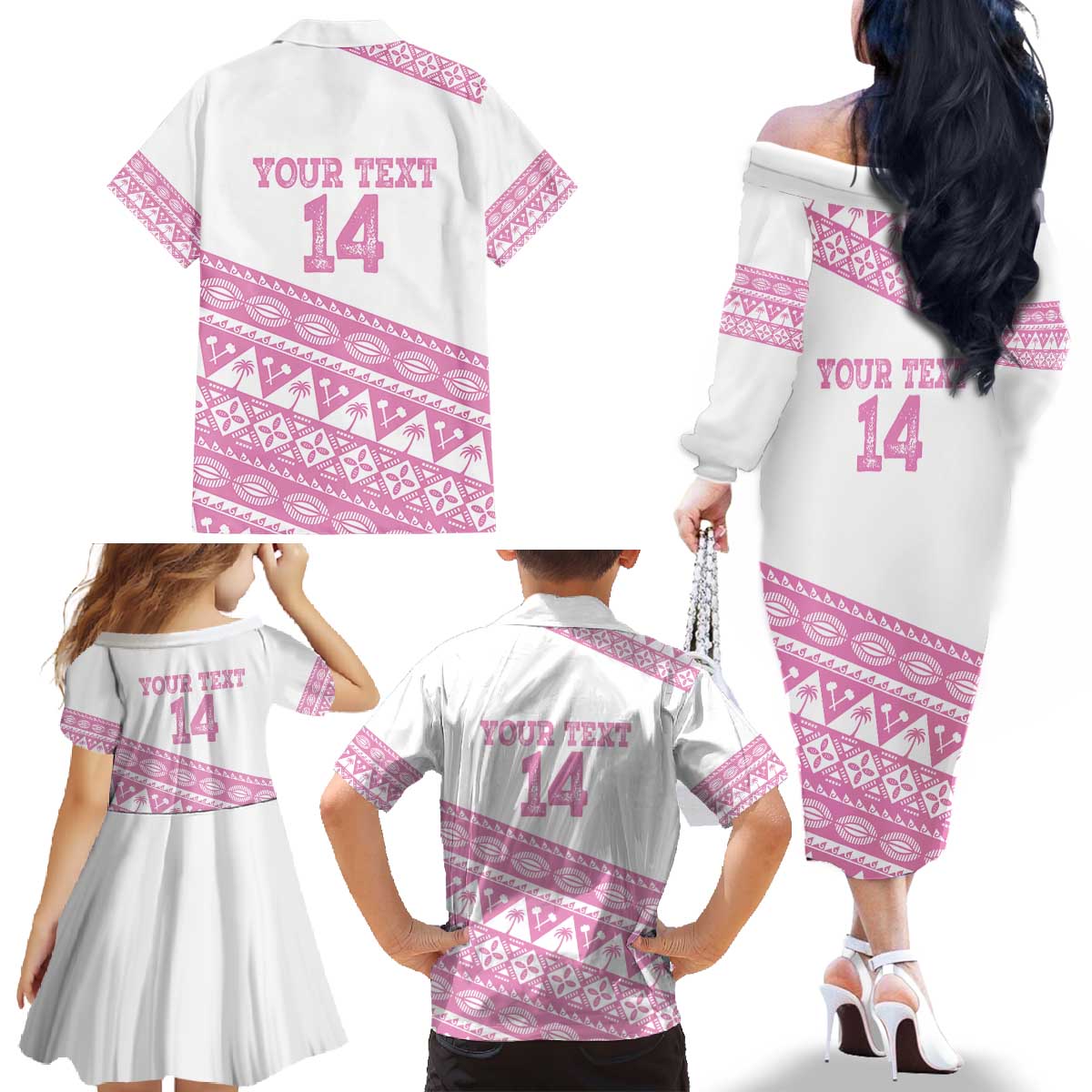 Fiji Rugby 2025 Custom Family Matching Off The Shoulder Long Sleeve Dress and Hawaiian Shirt Fijian Tapa Toso Viti Toso - Pink